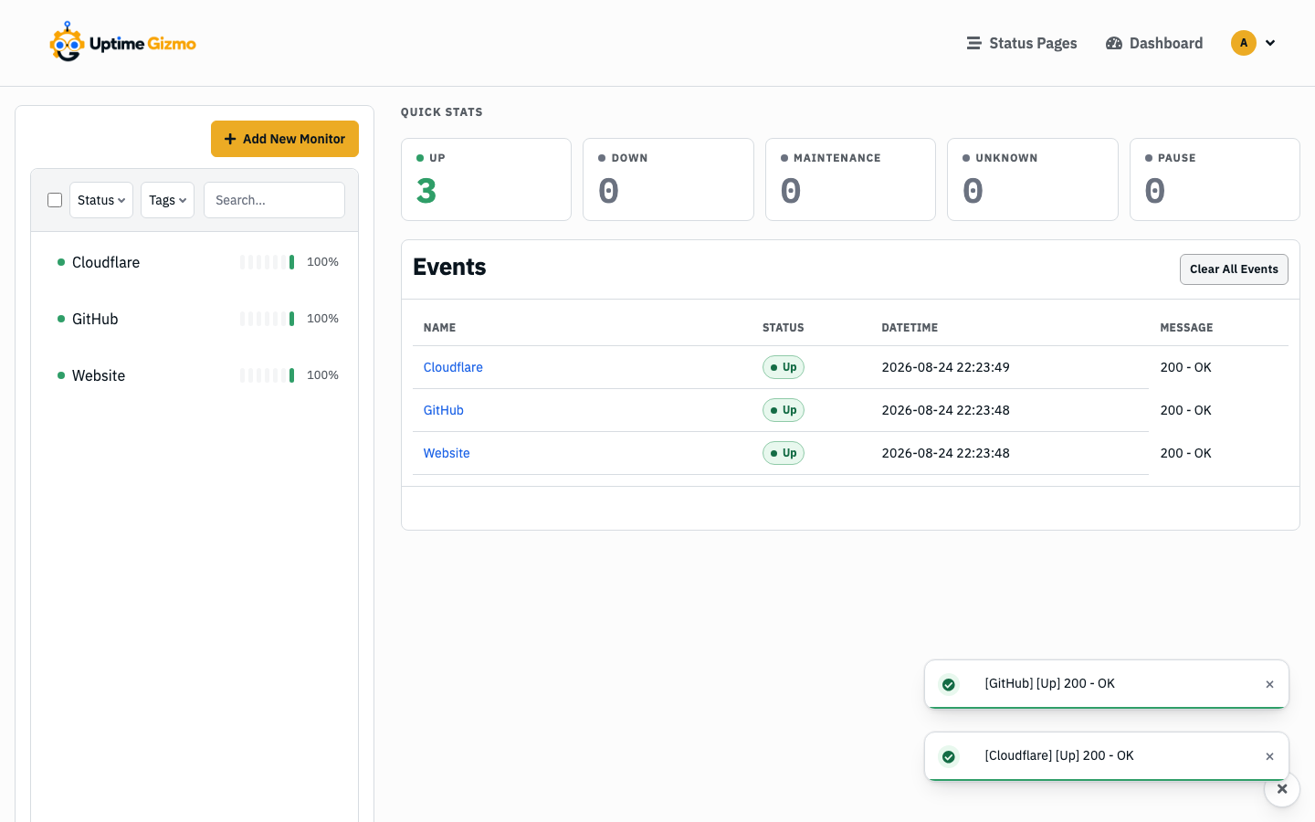Dashboard with three monitors up and a short event list.